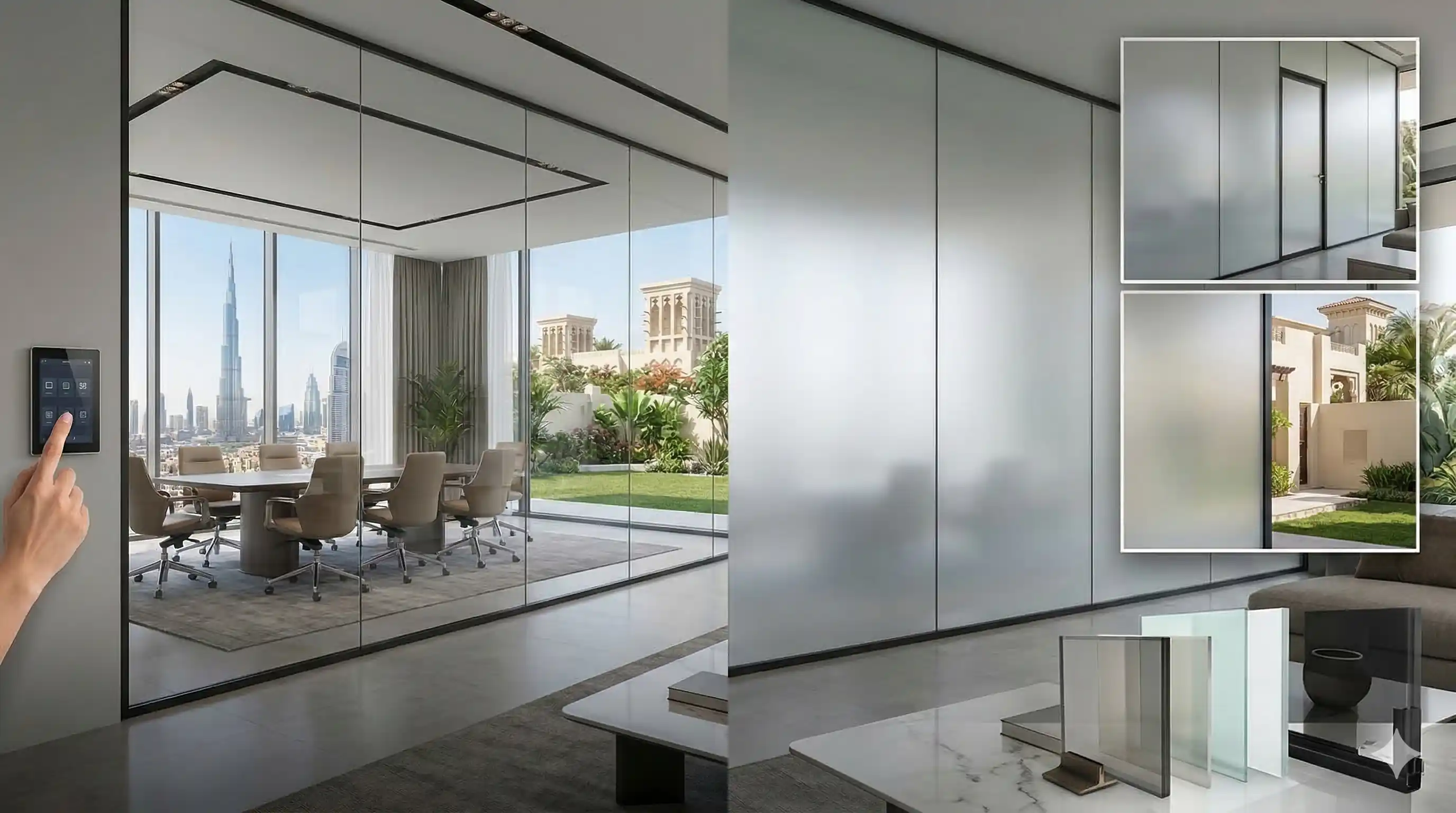 Smart film PDLC switchable privacy glass Sharjah — Totalgard smart film installation UAE