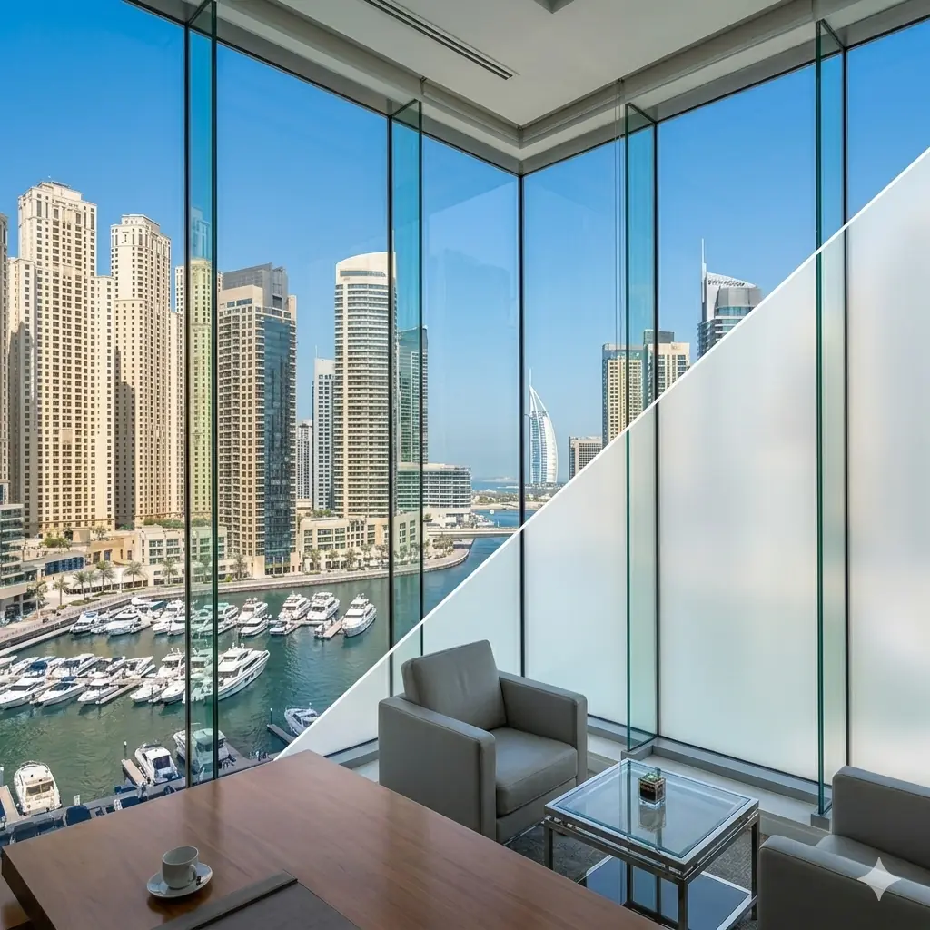 Smart film smart home integration Sharjah — PDLC Bluetooth mobile app control UAE